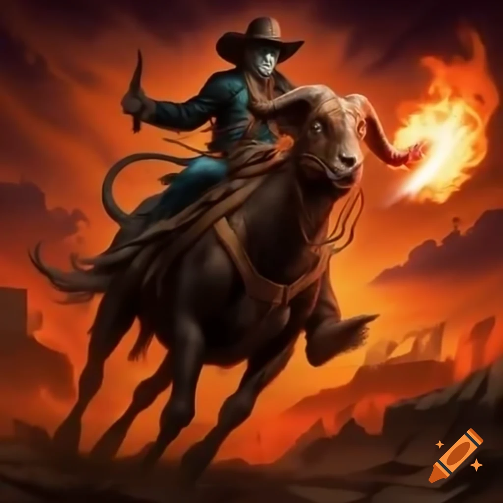 Ghostly cowboys riding goats in fiery skyscape on Craiyon