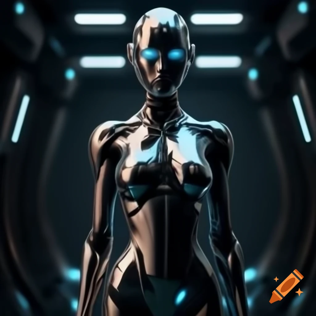 Futuristic female android with metallic chrome body and glowing blue eyes in dark room