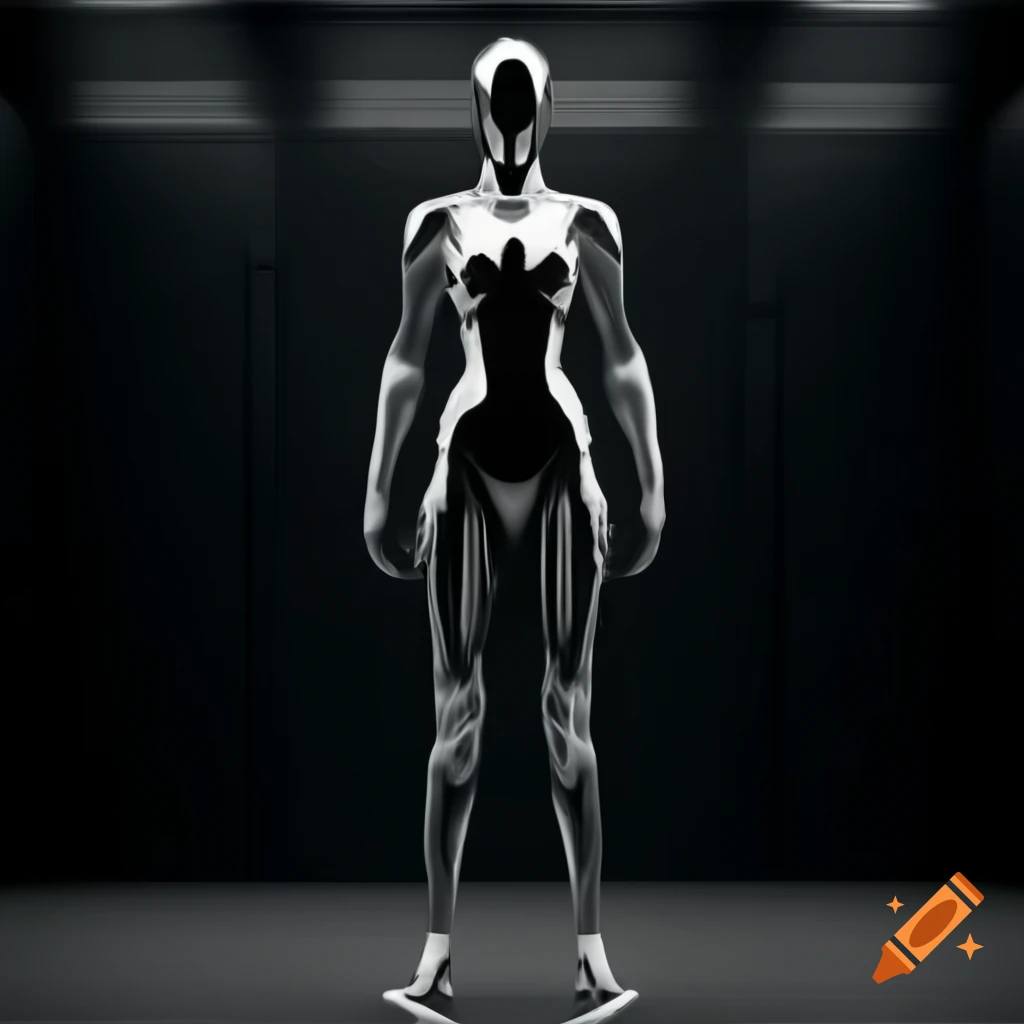Futuristic synthetic female figure with black chrome body in dark setting