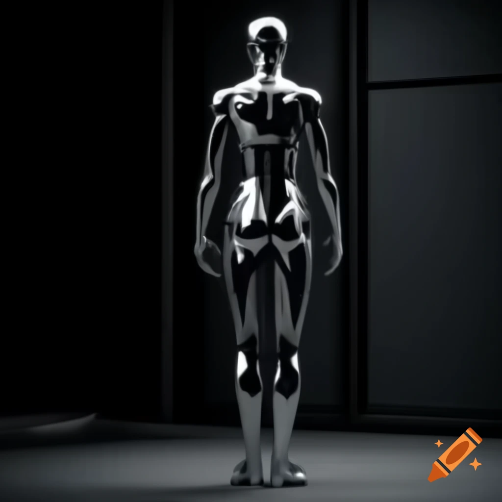 Futuristic synthetic female human with black chrome body in dark room