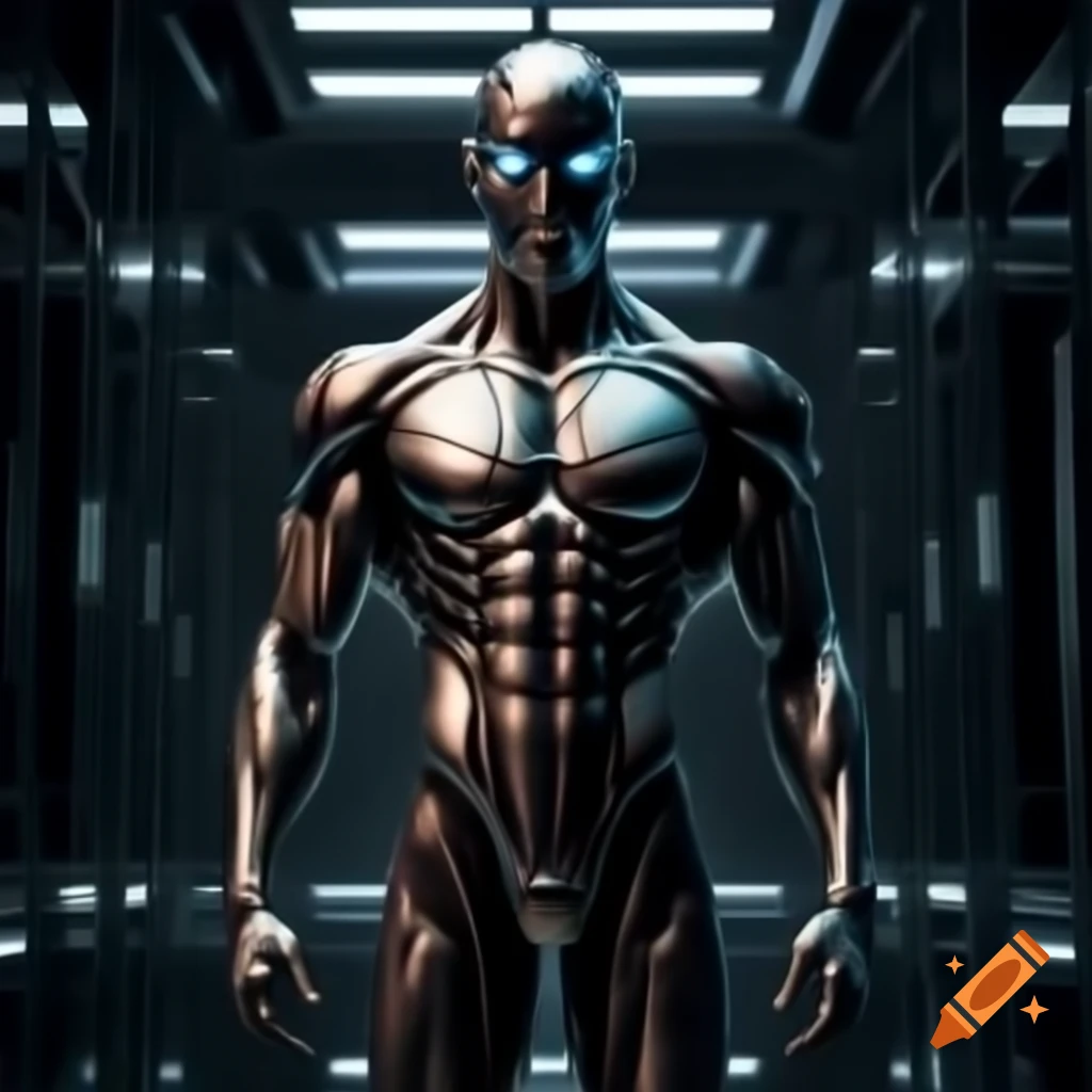 Futuristic synthetic male with chrome body and glowing blue eyes in dark room