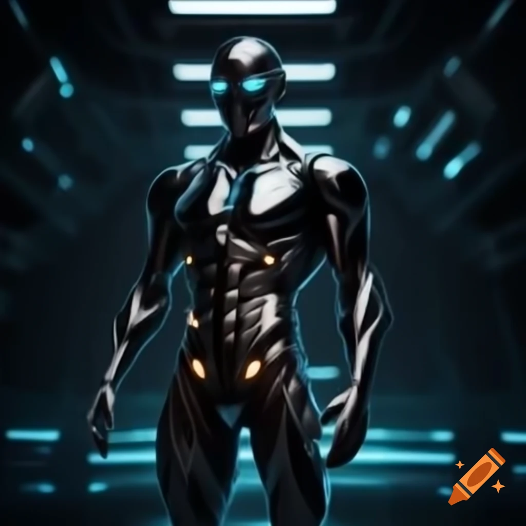 Synthetic male human with chrome body and glowing blue eyes in futuristic dark room