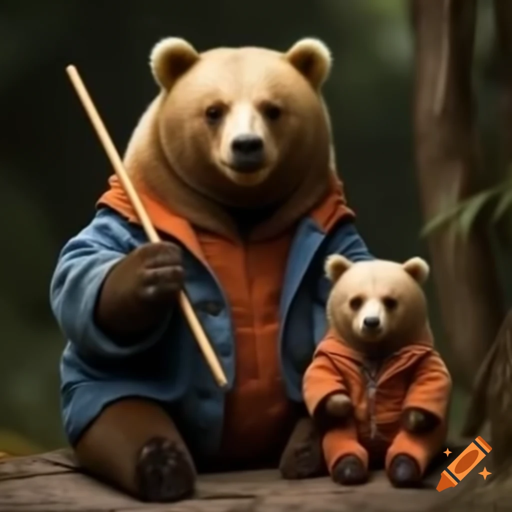 Realistic bear in blue and orange clothes with baby bear