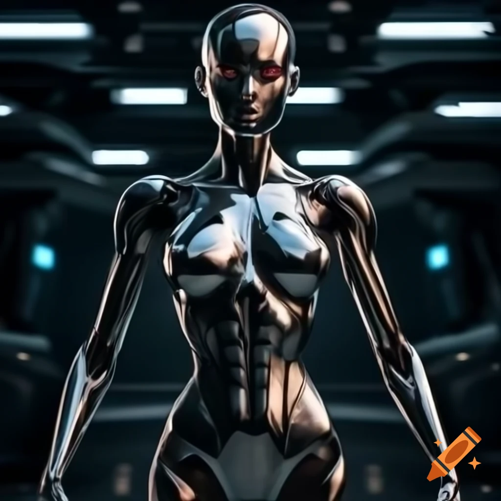 Futuristic synthetic female human with black metallic chrome body in dark room