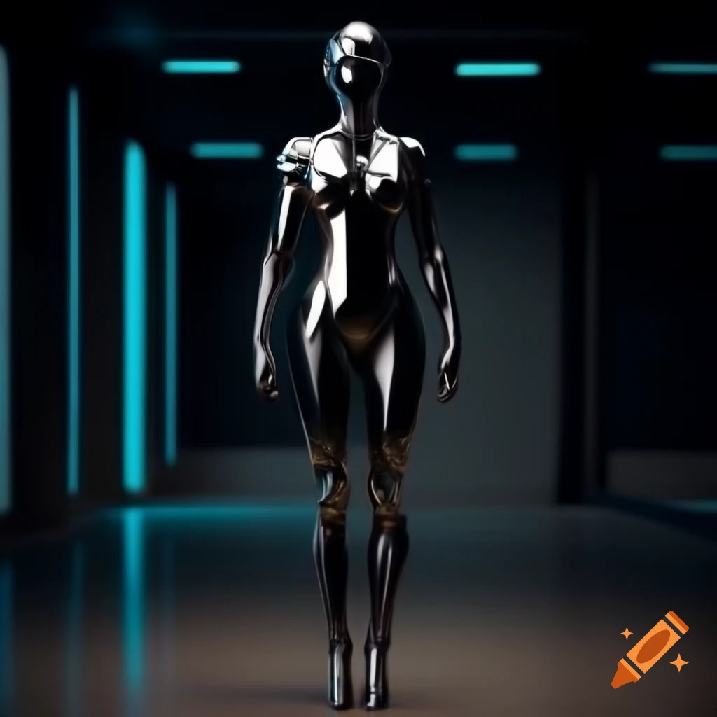 Synthetic humanoid with metallic futuristic body in dark room
