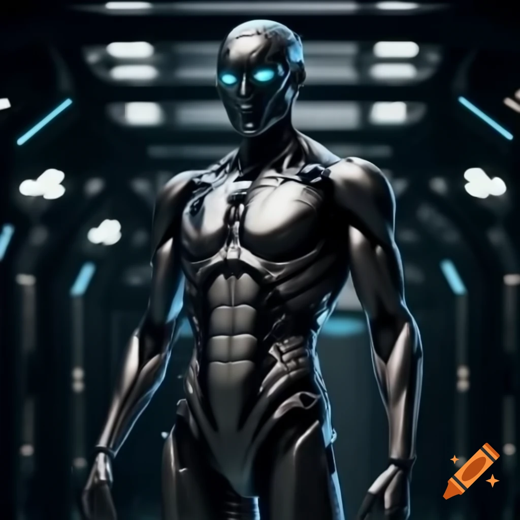 Synthetic male human with black chrome body and glowing blue eyes in futuristic room