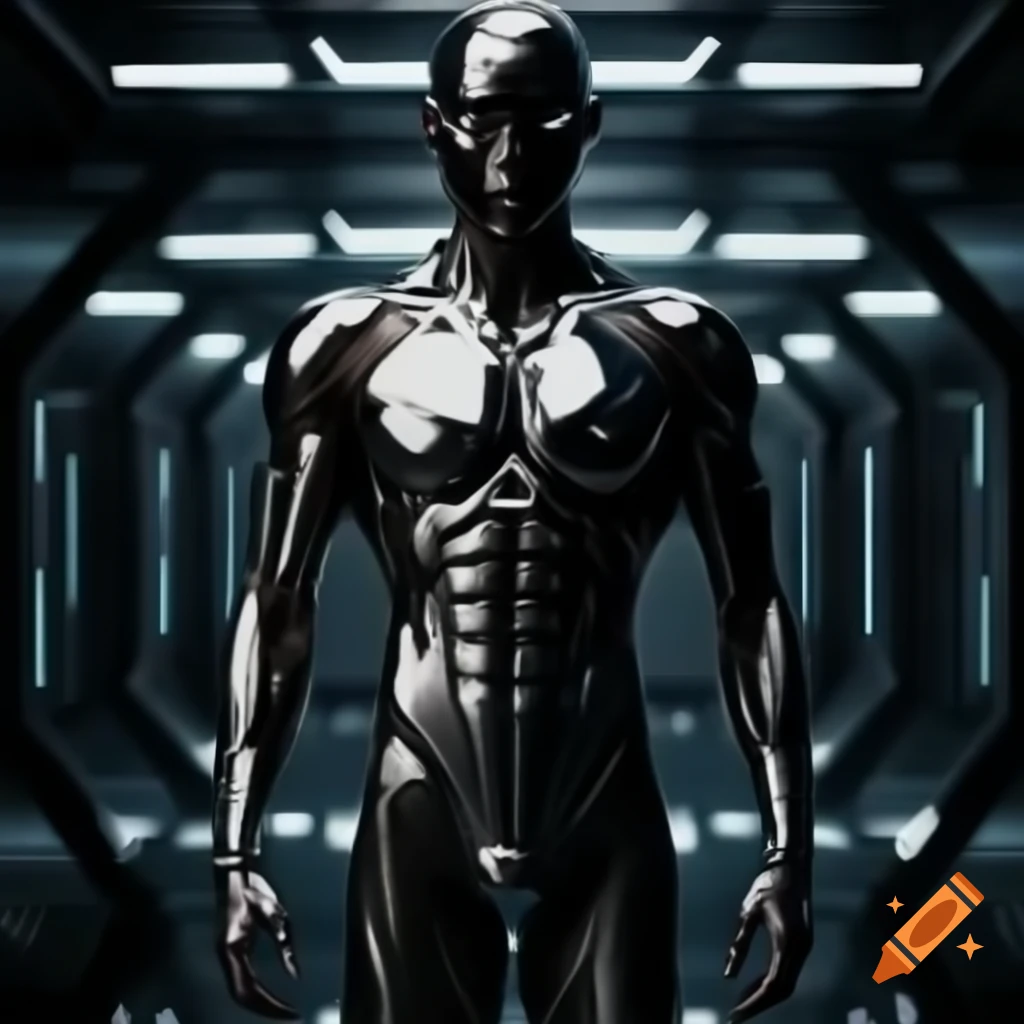 Synthetic male with chrome body in futuristic dark room, photorealistic