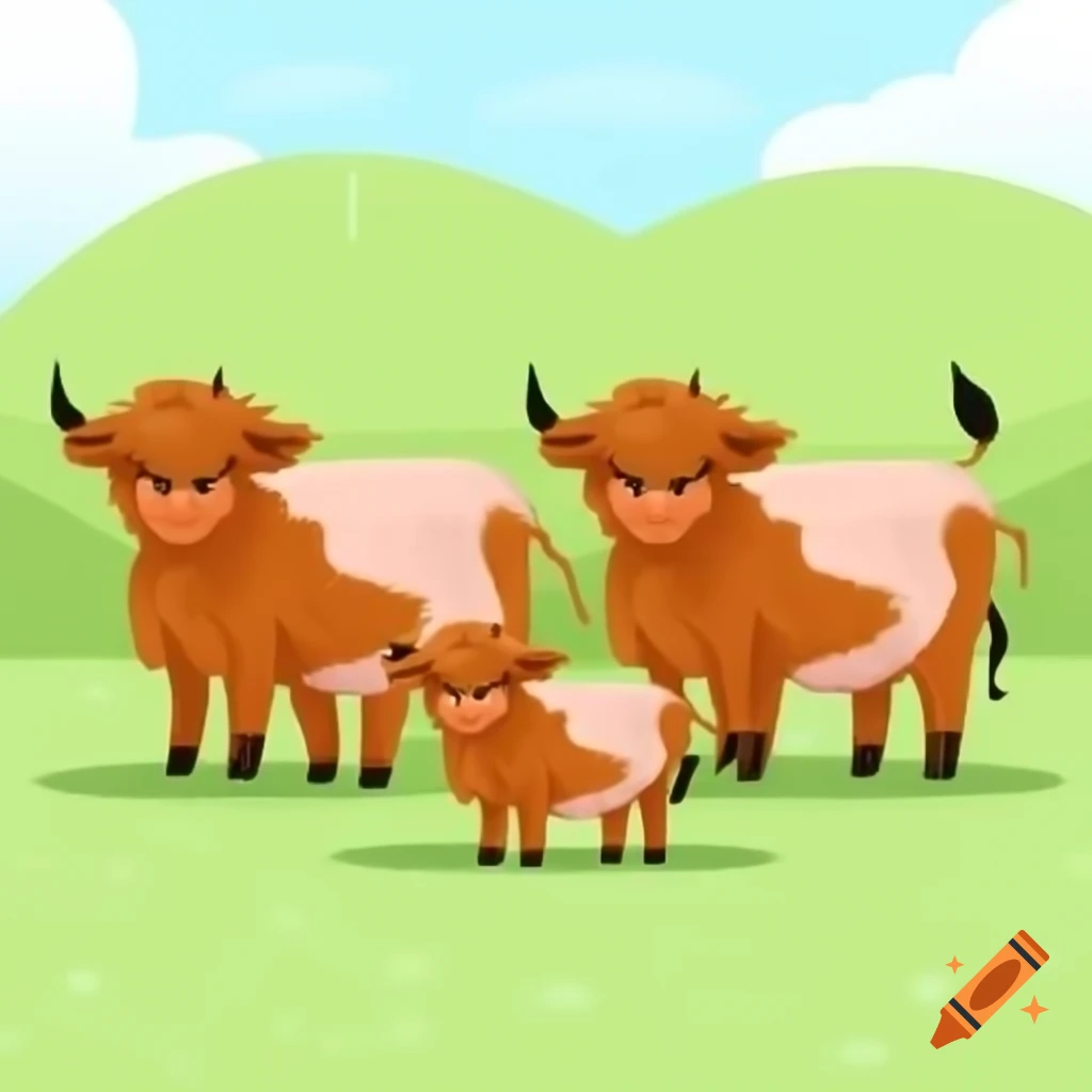 Cute cartoon of highland cows in a grassy field