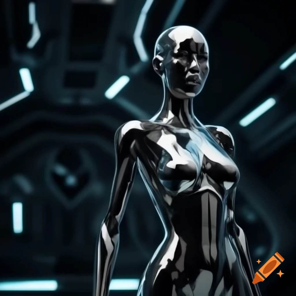 Futuristic synthetic female with black metallic chrome body in dark room