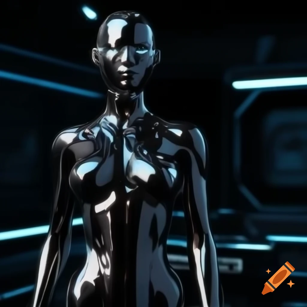 Synthetic female human with black chrome body in futuristic dark room