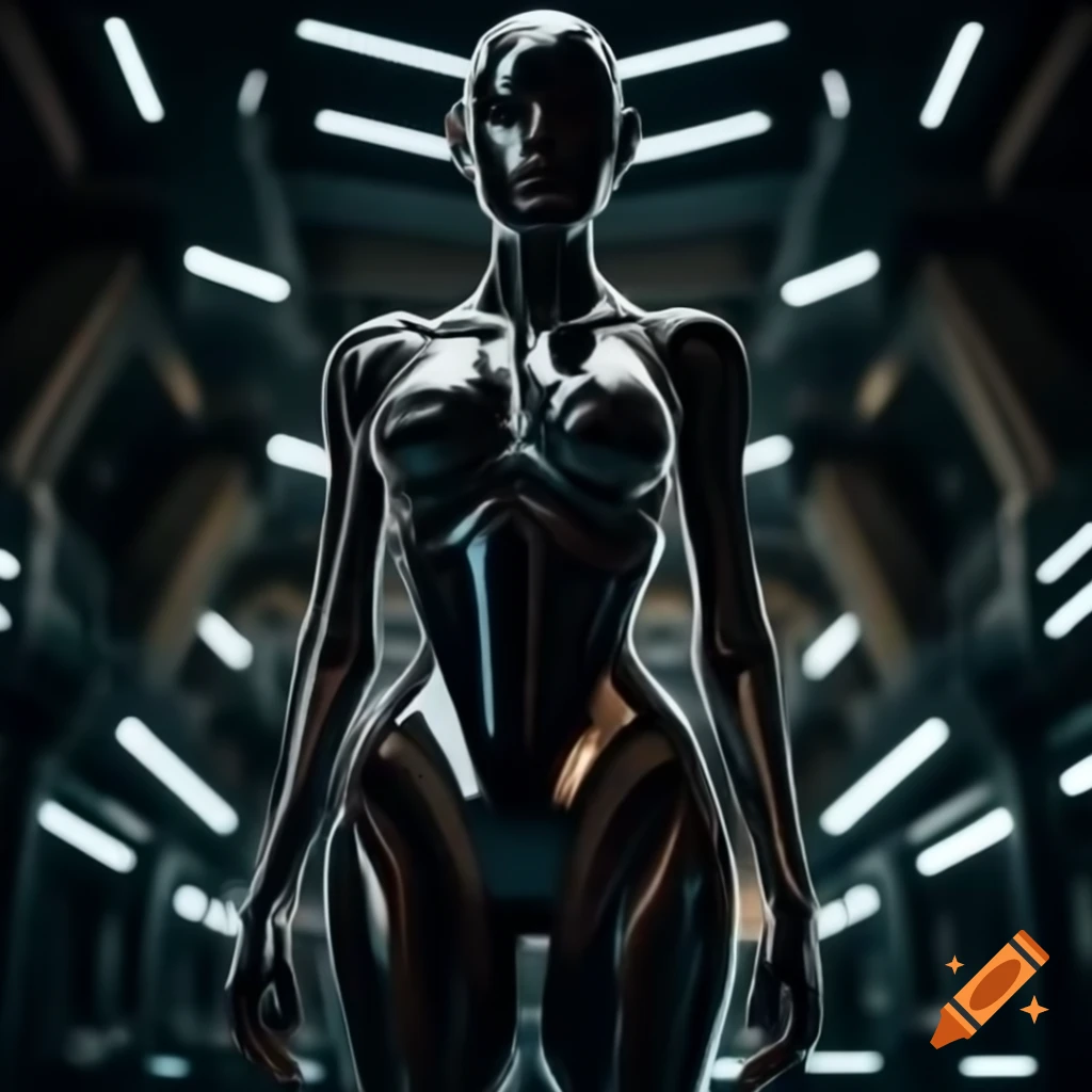 Synthetic female humanoid with sleek metallic chrome body in futuristic dark room