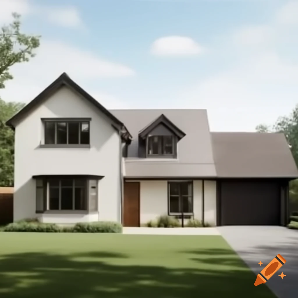 Modern two-story country house with pitched roof and natural materials