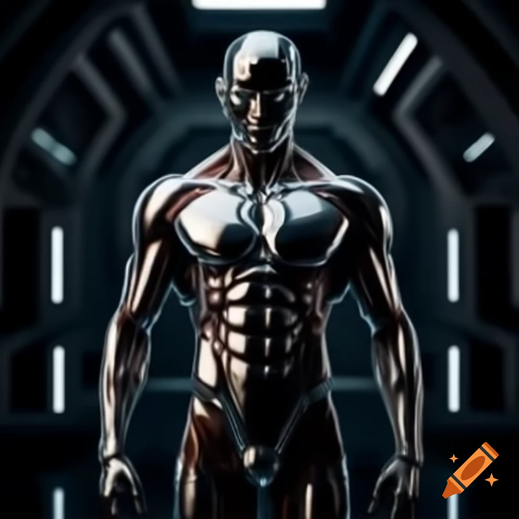 Futuristic synthetic male human with black metallic chrome body in dark room