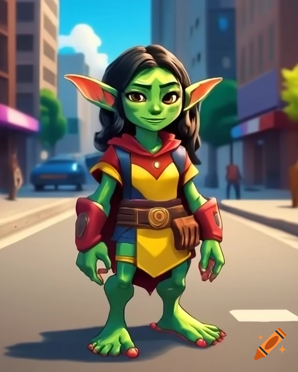 Green-skinned goblin girl in superhero outfit in city setting, anime style