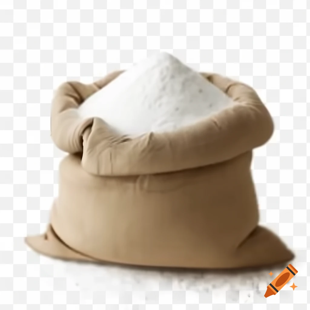 Burlap sack filled with granulated sugar, with sugar spilling over edge