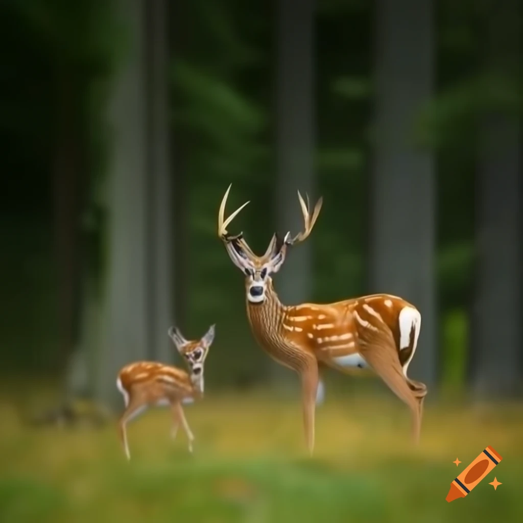 Mother deer and baby deer in beautiful forest setting