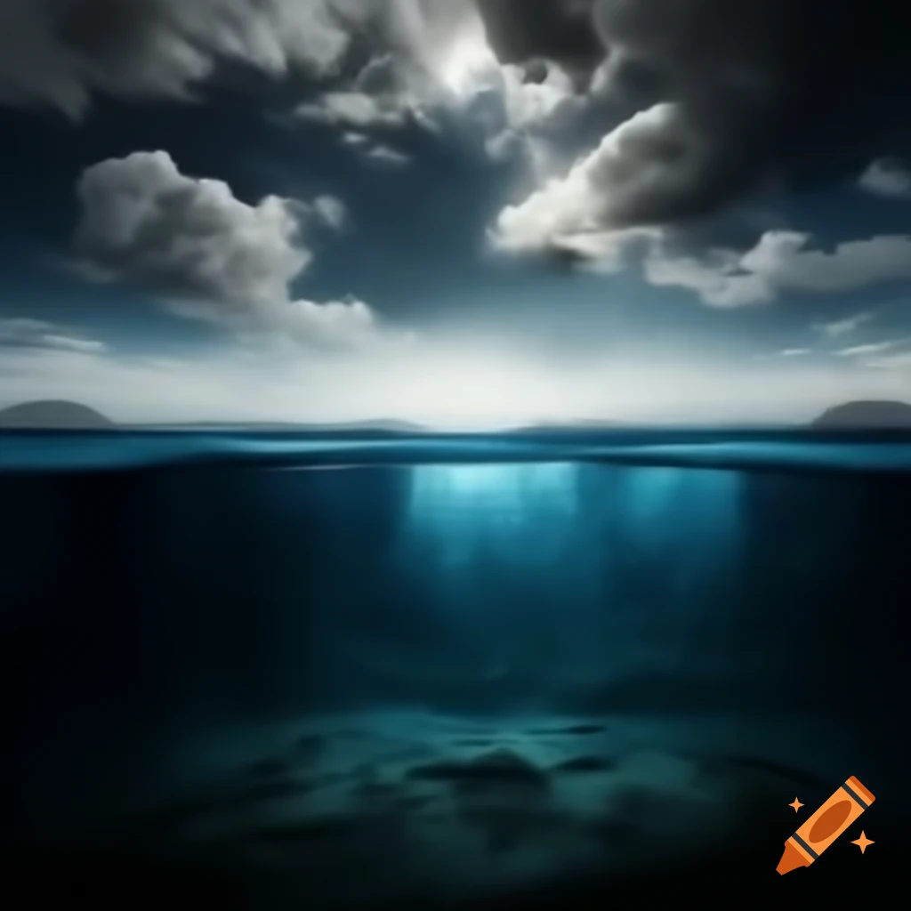 Cinematic split-level ocean scene showcasing underwater environment with faint light