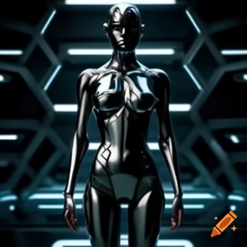 Synthetic female human with black chrome body in futuristic dark room