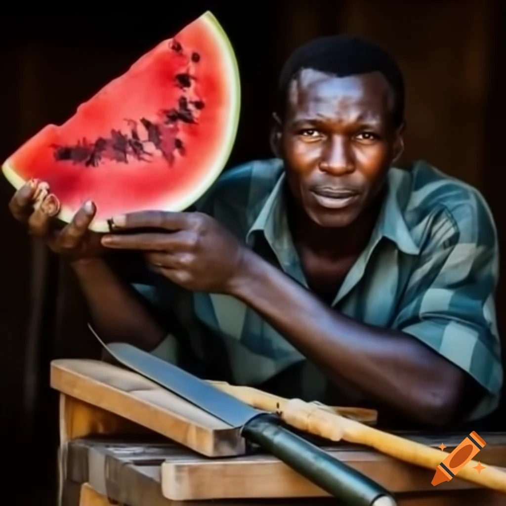 Strong African man working as a carpenter with watermelon
