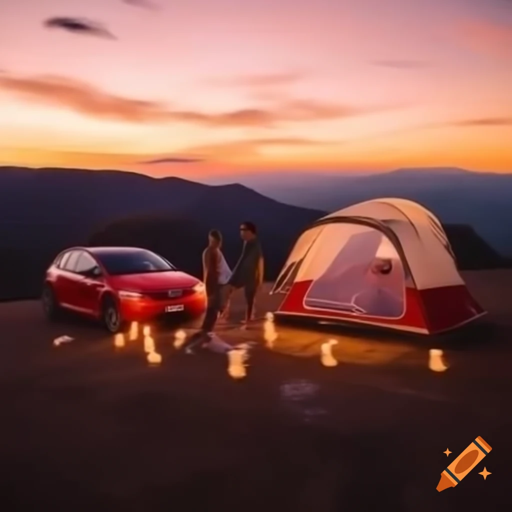 Couple enjoying road trip in red VW Polo at sunset on scenic winding roads