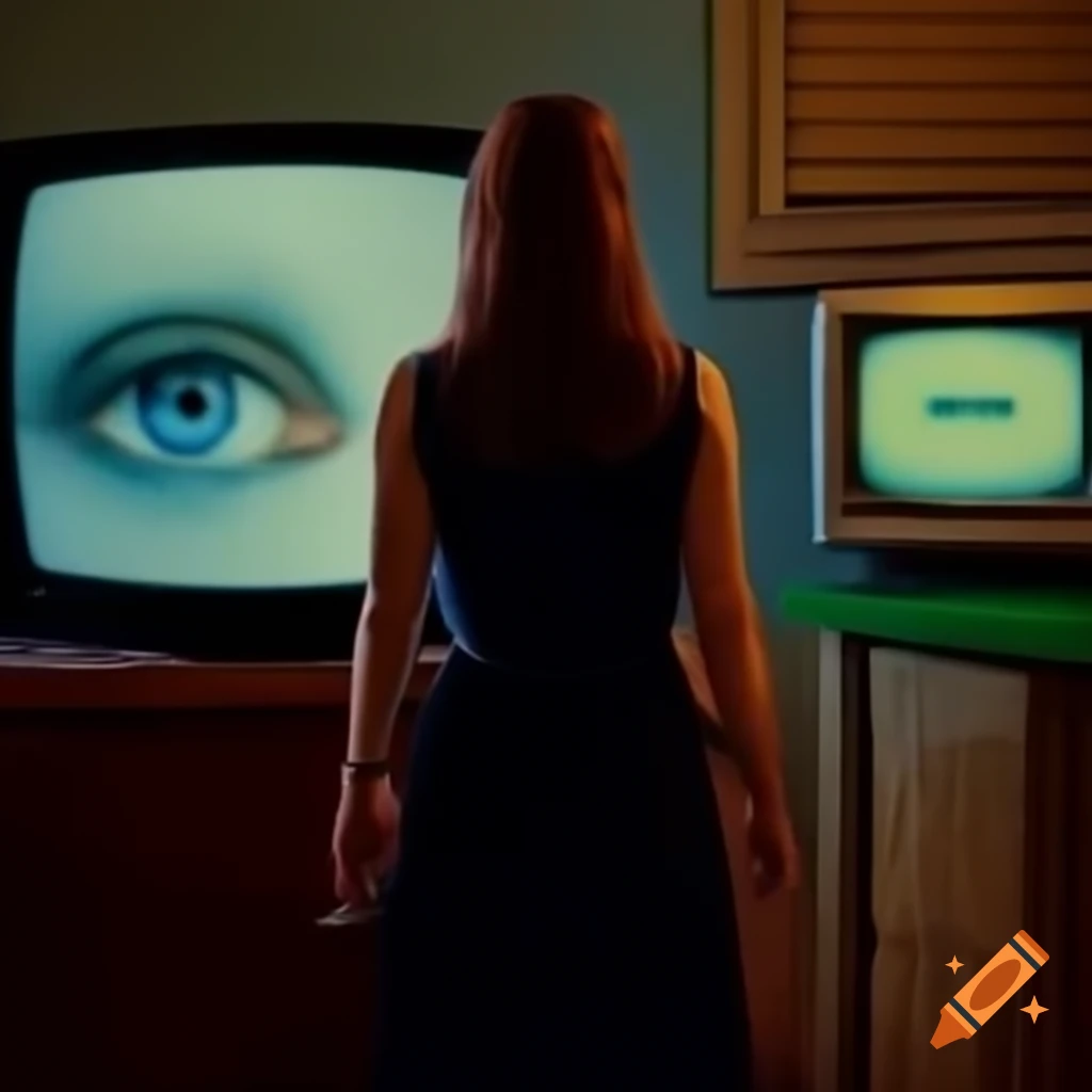 Woman in farm dress watching old TV with static in dark room illuminated by candlelight
