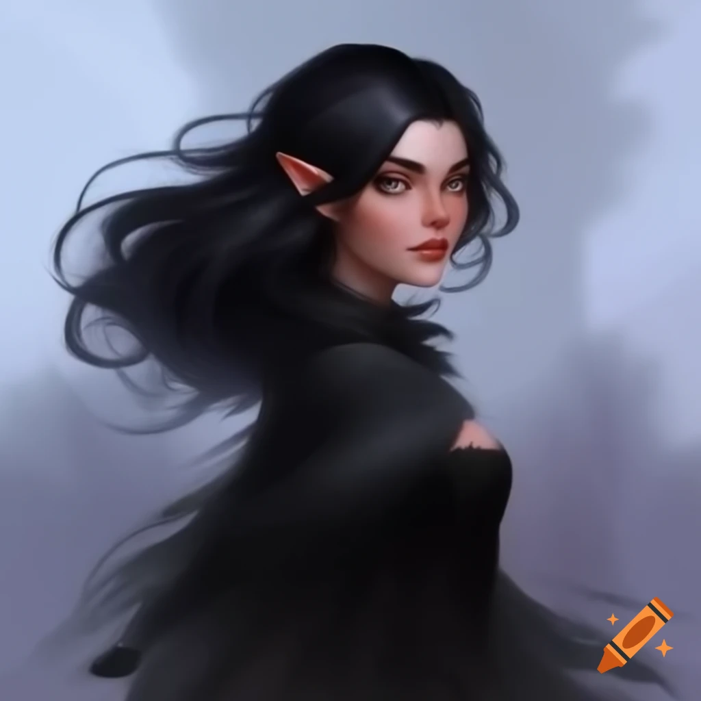 Elf woman with black hair and dress on bright winter day on Craiyon