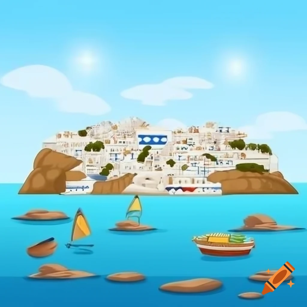 Cartoon depiction of a sea filled with beautiful Greek islands
