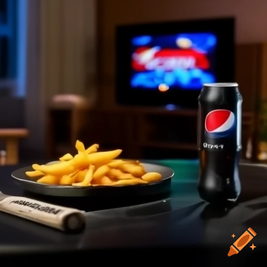 Indoor scene with black plate featuring Caesar roll, crispy fries, and glass of Pepsi