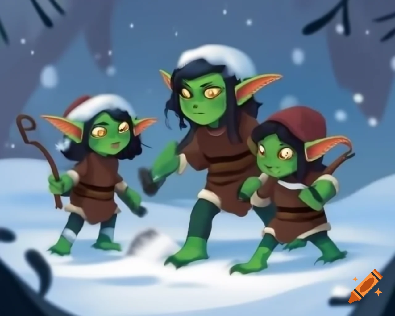 Green-skinned goblin girls playing in snow