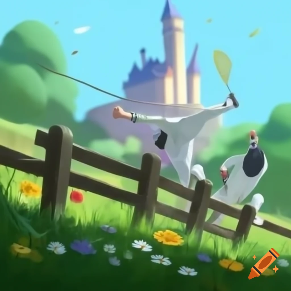 Two fencers sparring on grassy ground with flowers and a castle in the background