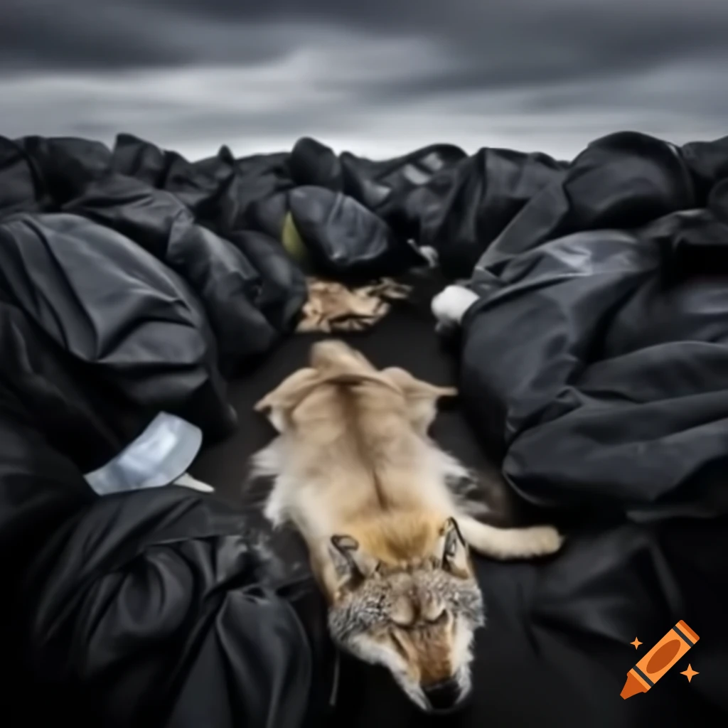 Wolf pelt in garbage dump surrounded by black trash bags