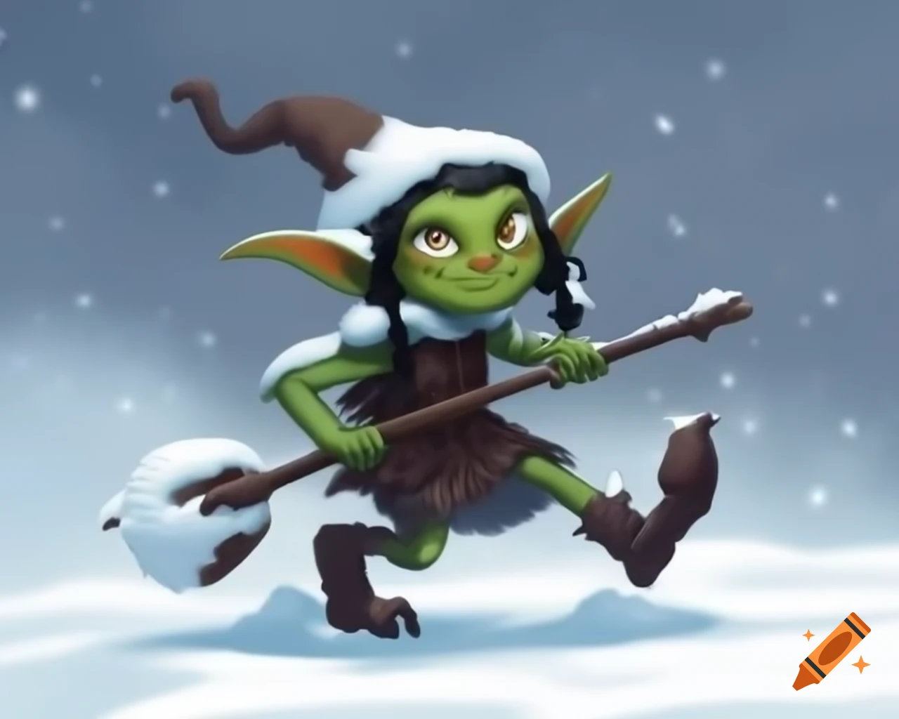 Green-skinned goblin girl playing in the snow