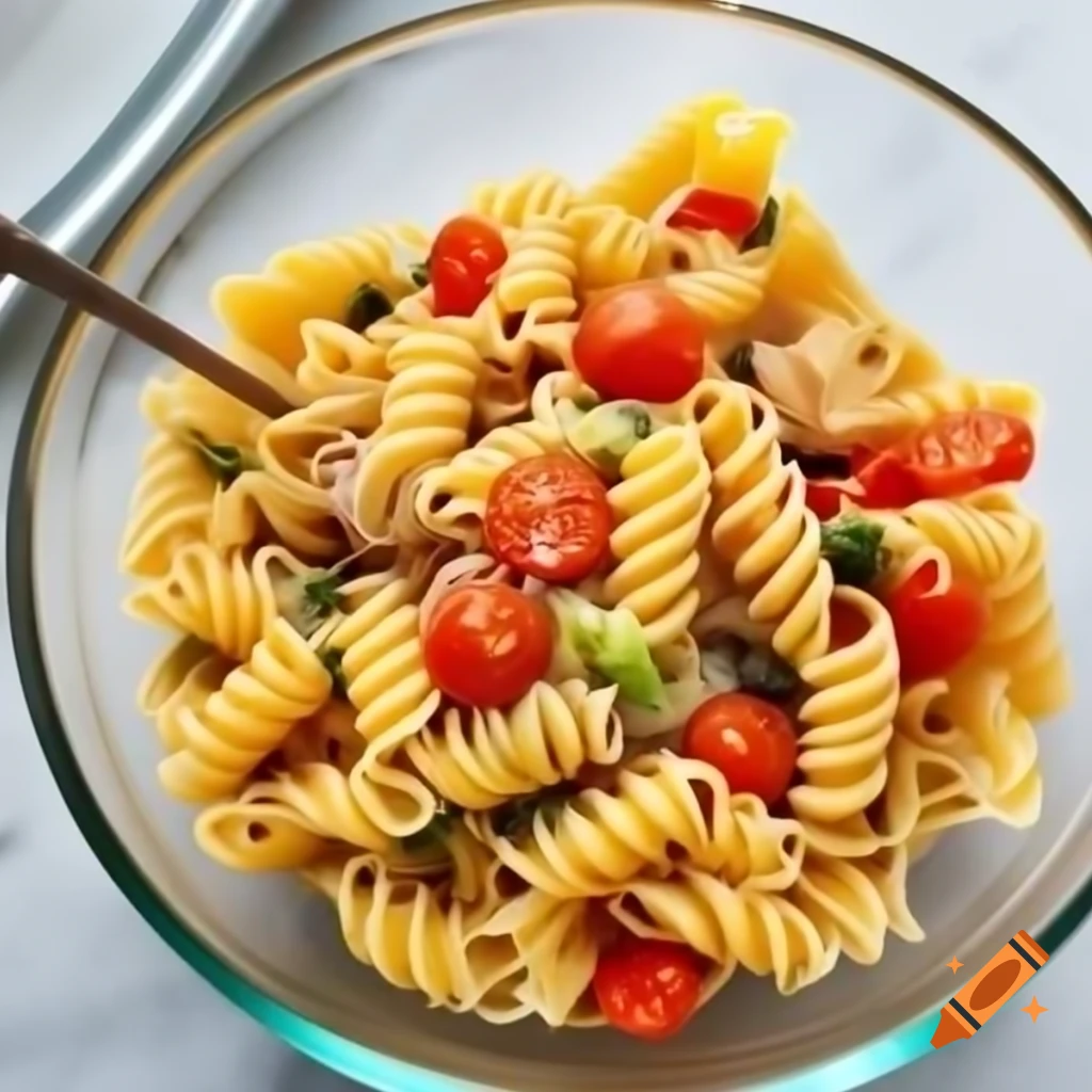 Elbow pasta with chopped veggies in a glass bowl