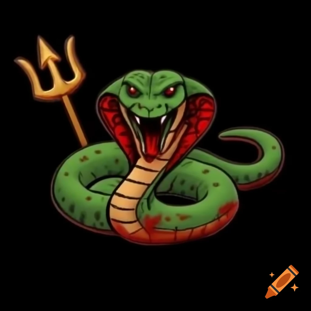 Angry cobra with trident and bloodied mouth in comic style