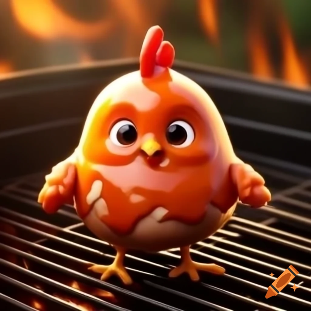 Cute baby chicken with barbecue sauce on head standing on grill