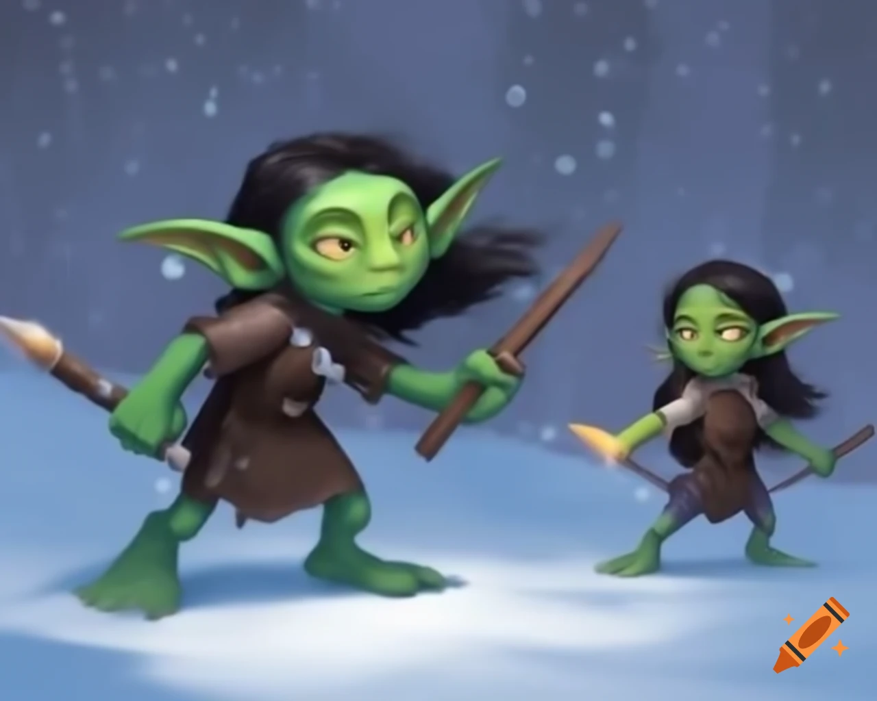 Green-skinned goblin girls playing in snow