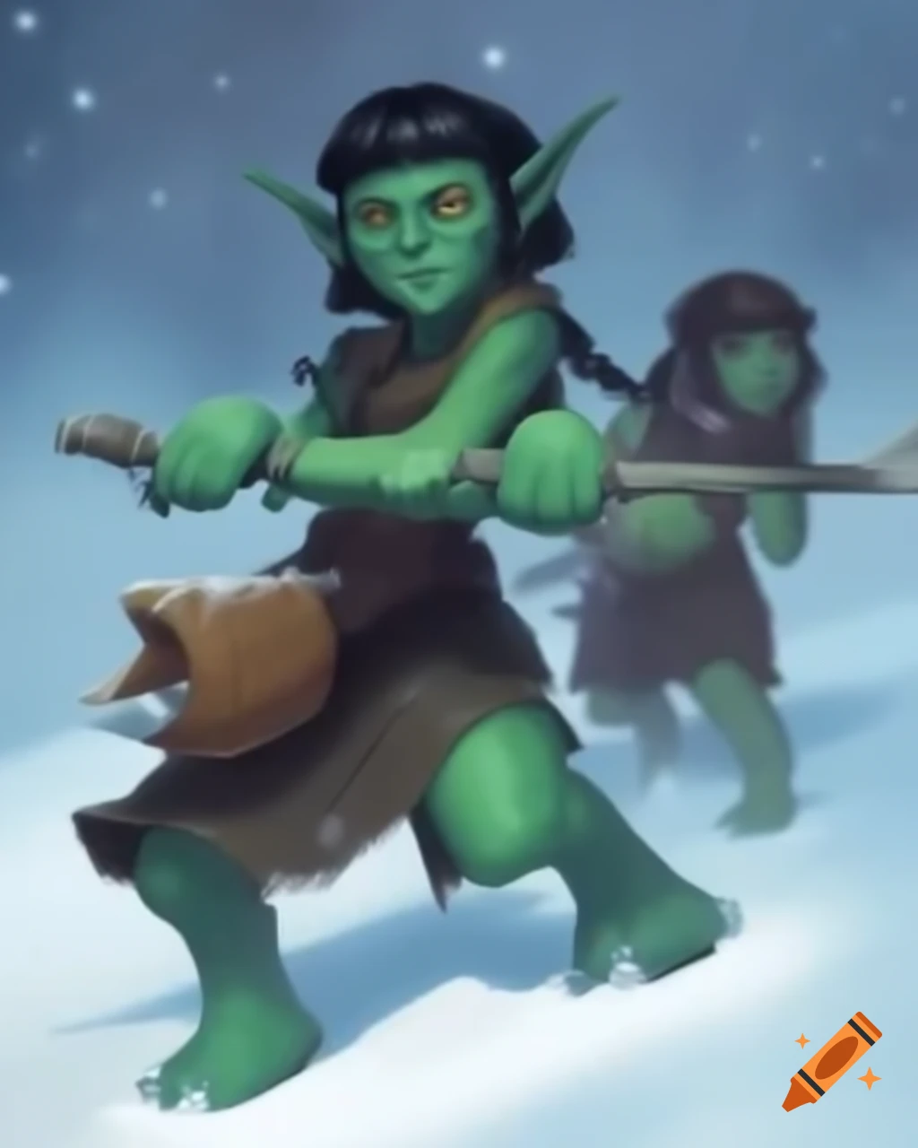 Green-skinned goblin girls playing in the snow