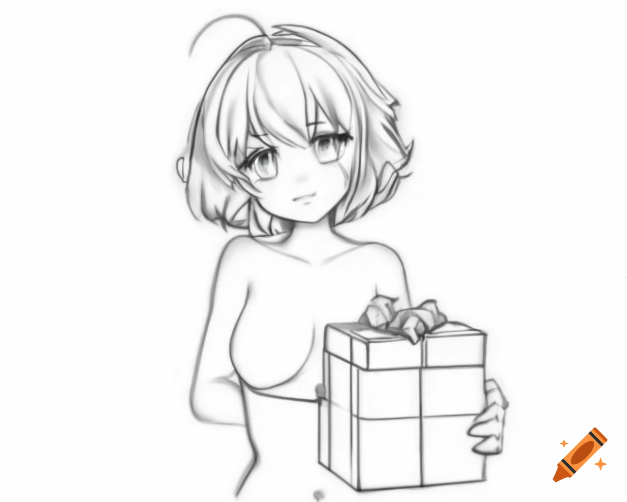 Anime girl body sketch holding a present and smiling
