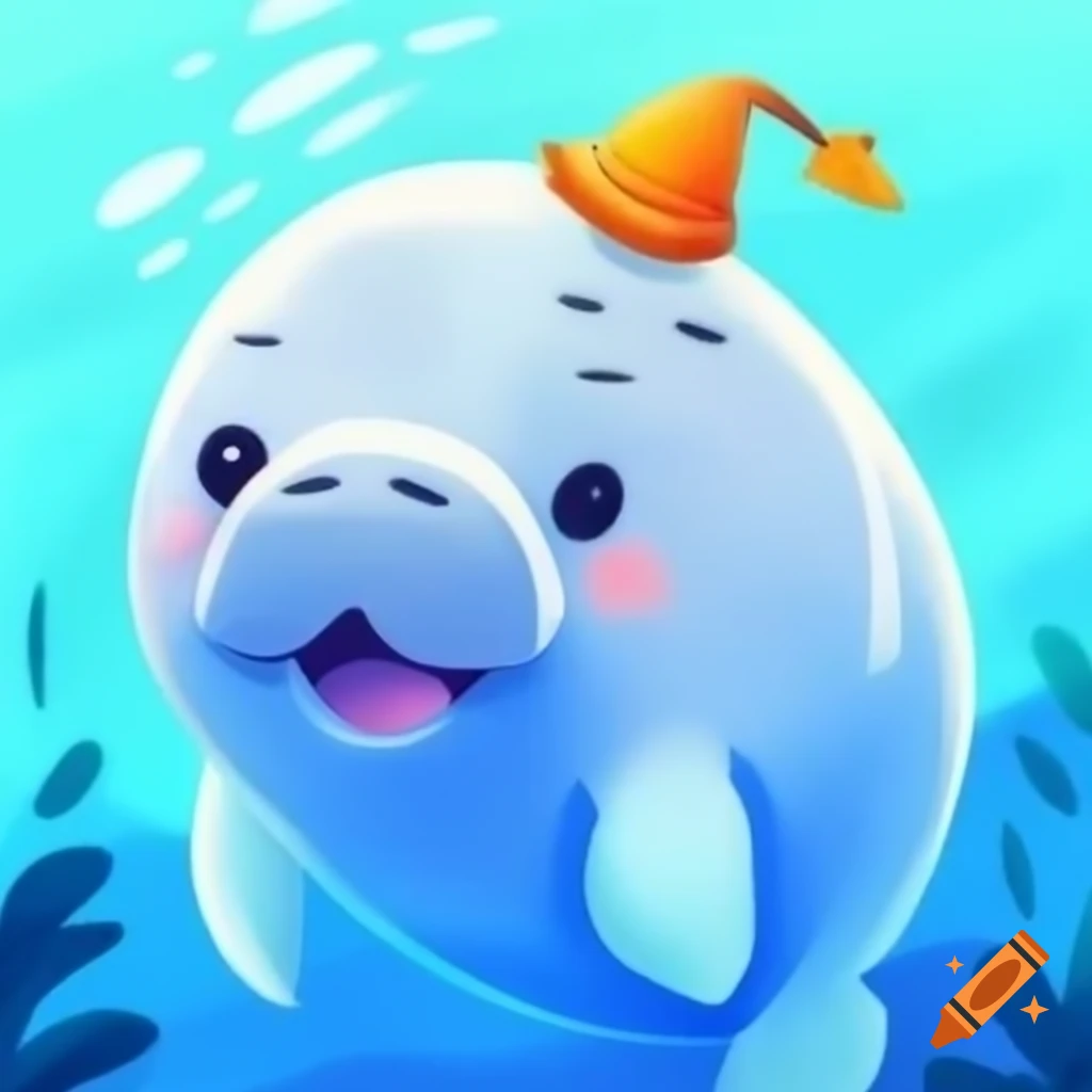Happy manatee wearing a tiny hat