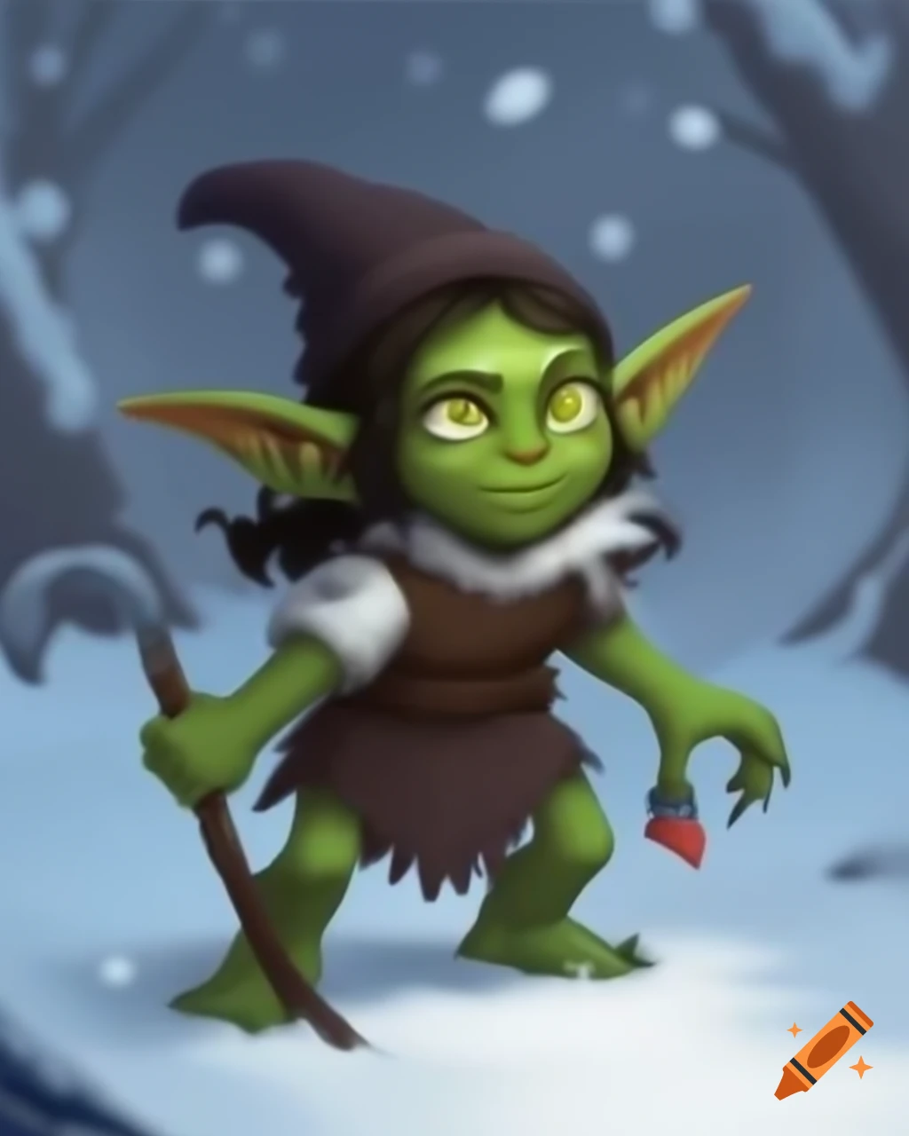 Green-skinned goblin girl playing in the snow