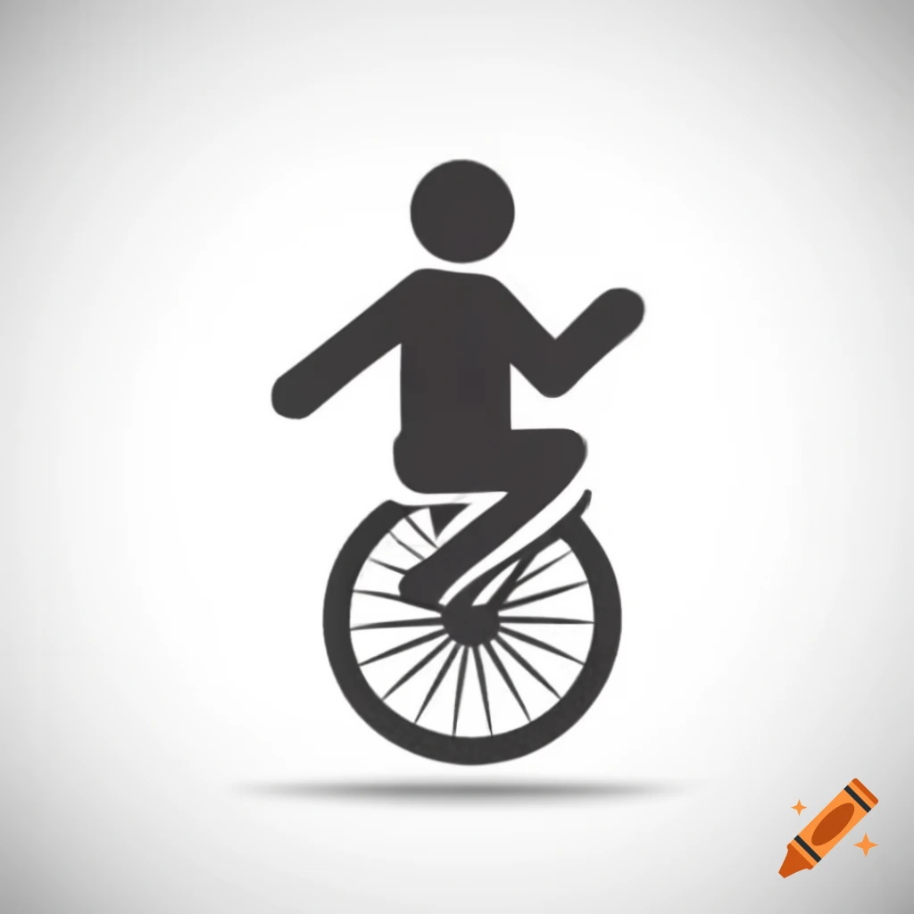 Simplistic black icon of a person riding a unicycle on white background