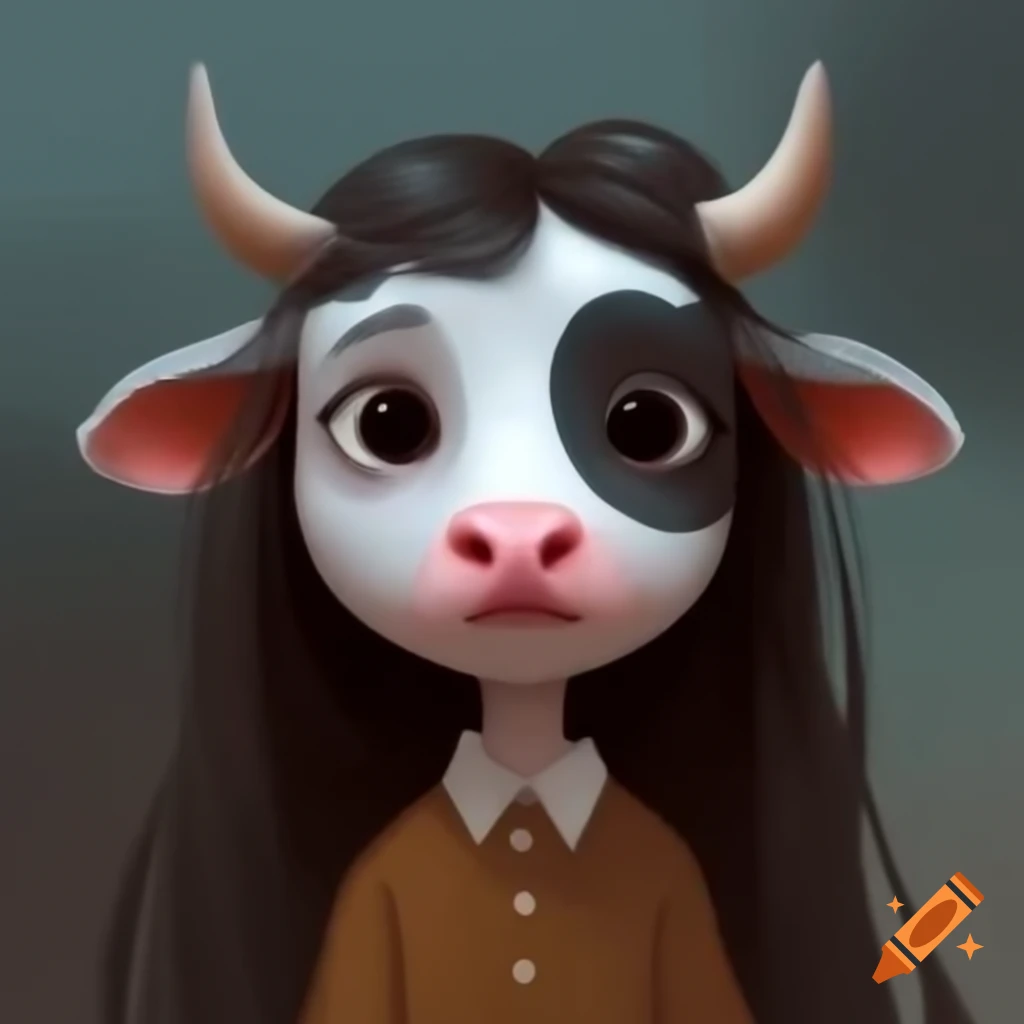 Highland cow alongside a girl with long hair