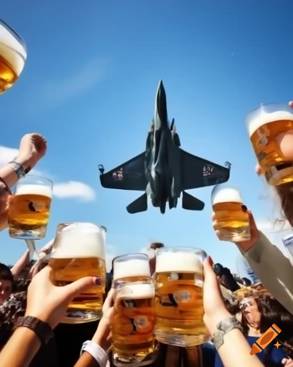 F14 Tomcat jet flying over Oktoberfest with people enjoying beers