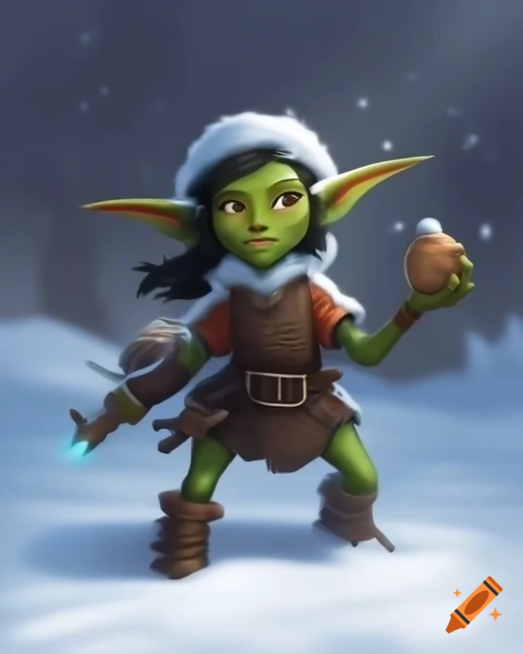 Green-skinned goblin girl playing in the snow