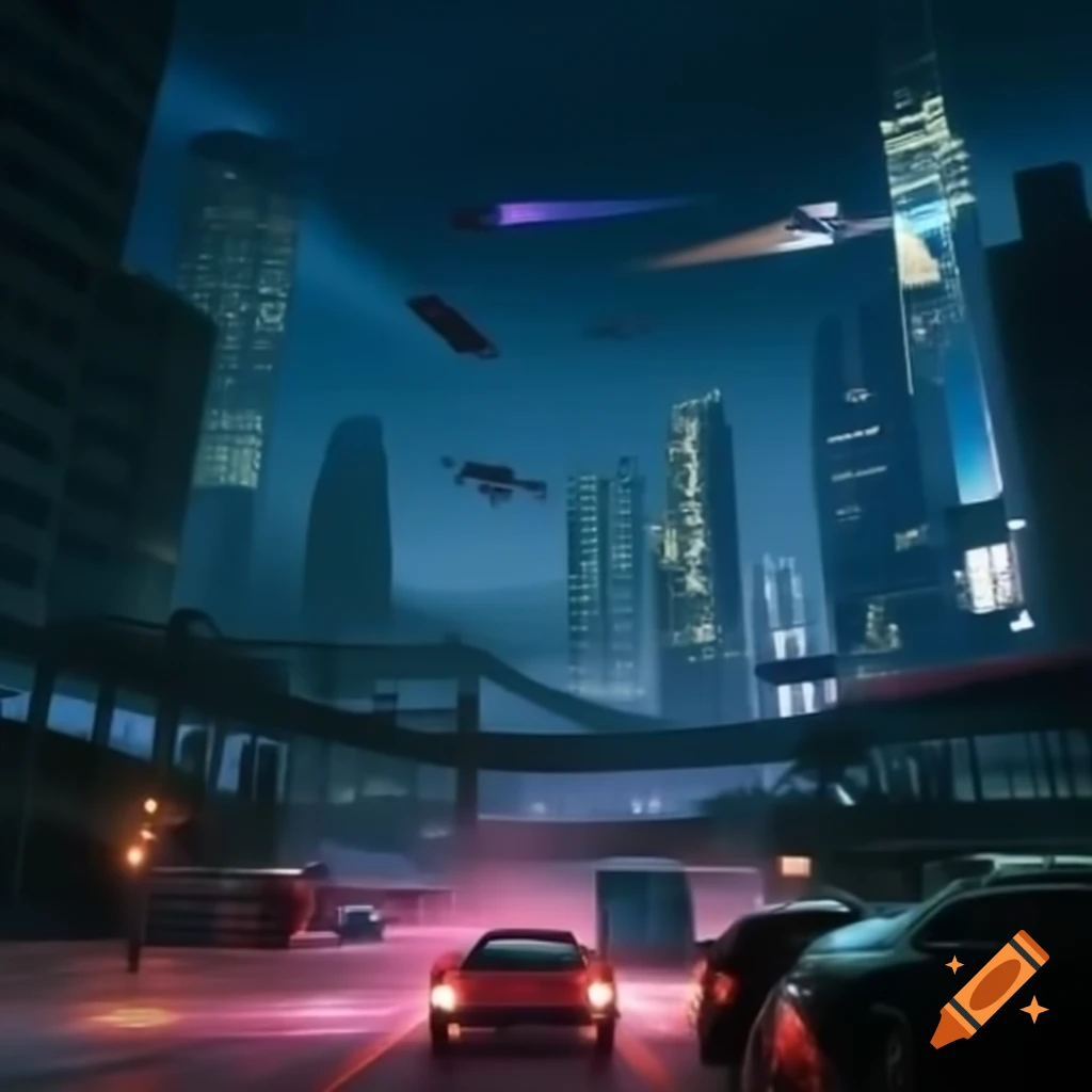 Futuristic night cityscape with flying cars and neon lights