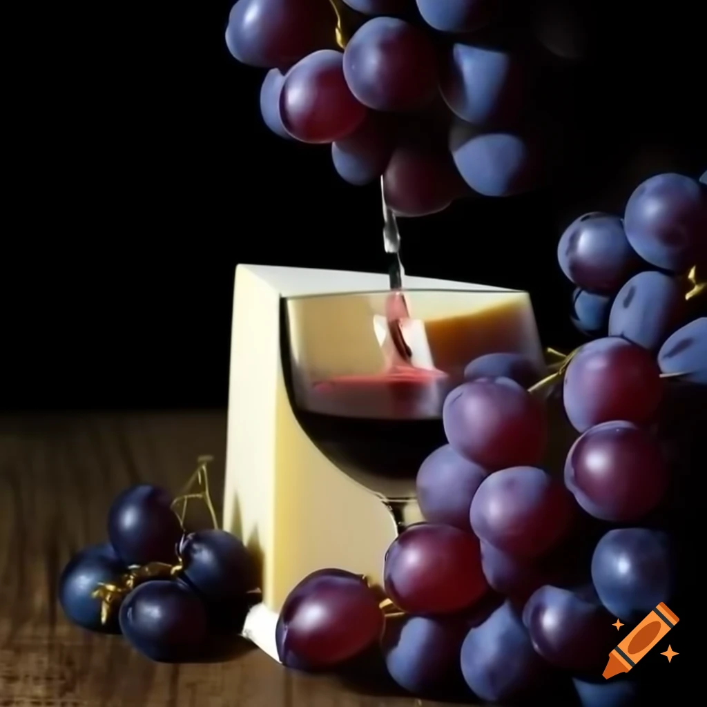 Block of cheese, dark grapes, and wine glass with water drop