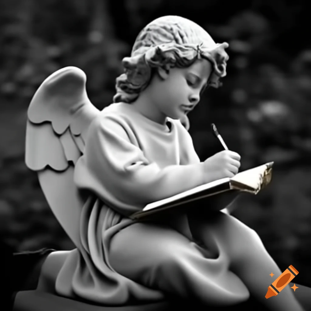 Statue of an angel taking notes