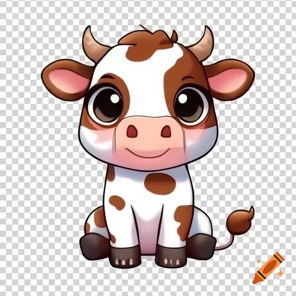 Cute vector cow with big eyes and smiling face on transparent background