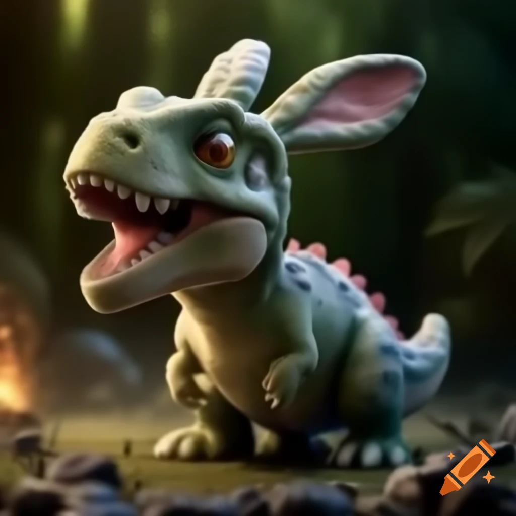 Fluffy dinosaur and bunny hybrid with big eyes in chaotic background