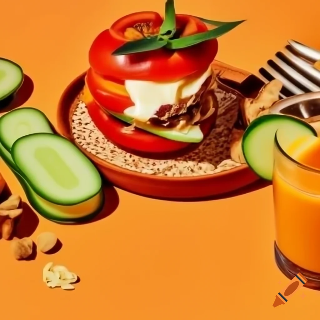 Breakfast spread featuring tomatoes, cucumbers, toast, orange juice, cheese, butter, and walnuts
